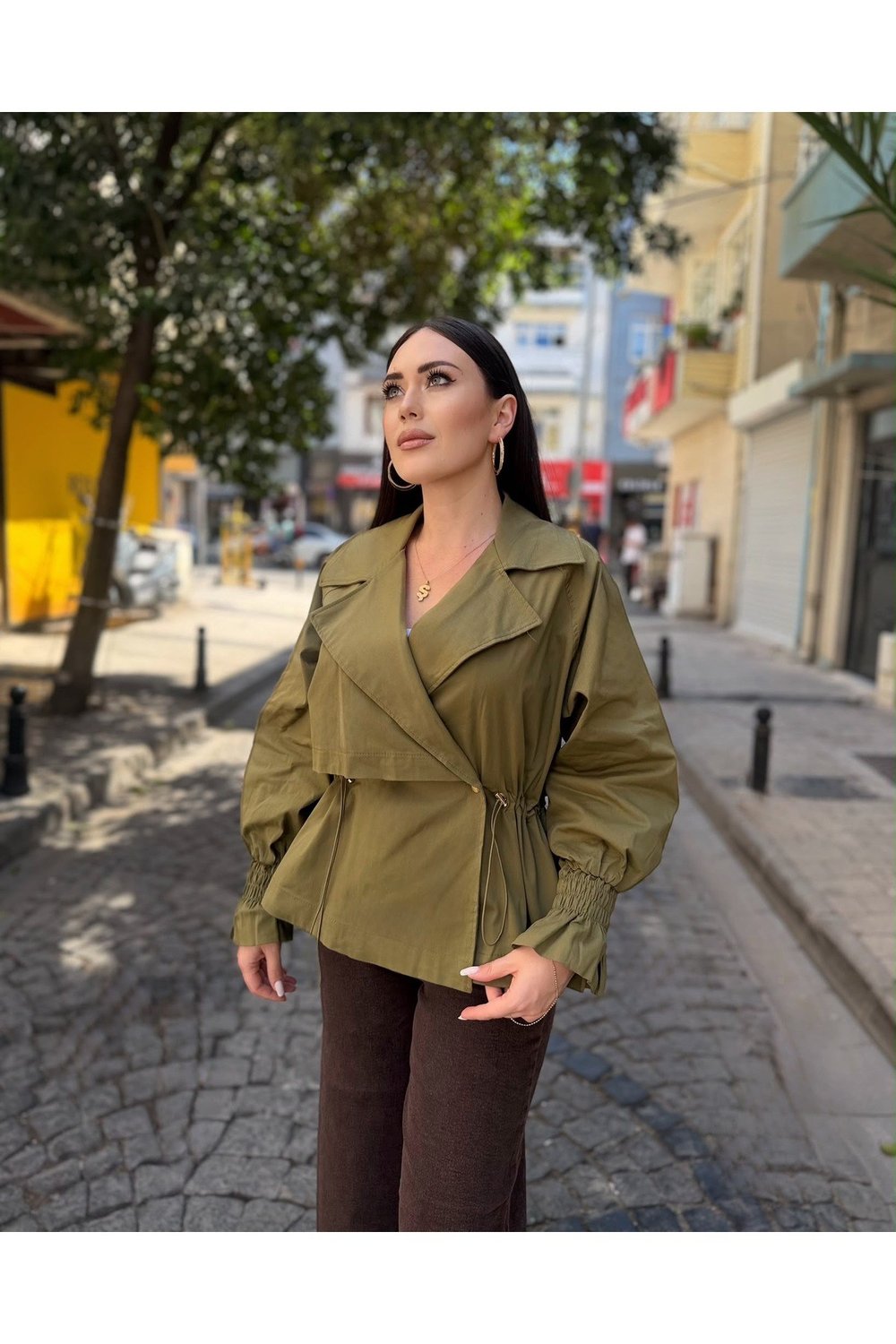 Belden Lastikli STD Beden Trenckot Haki