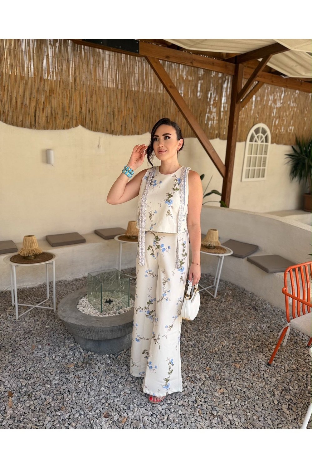Mavi Floral Desenli Bluz Pantolon Takım
