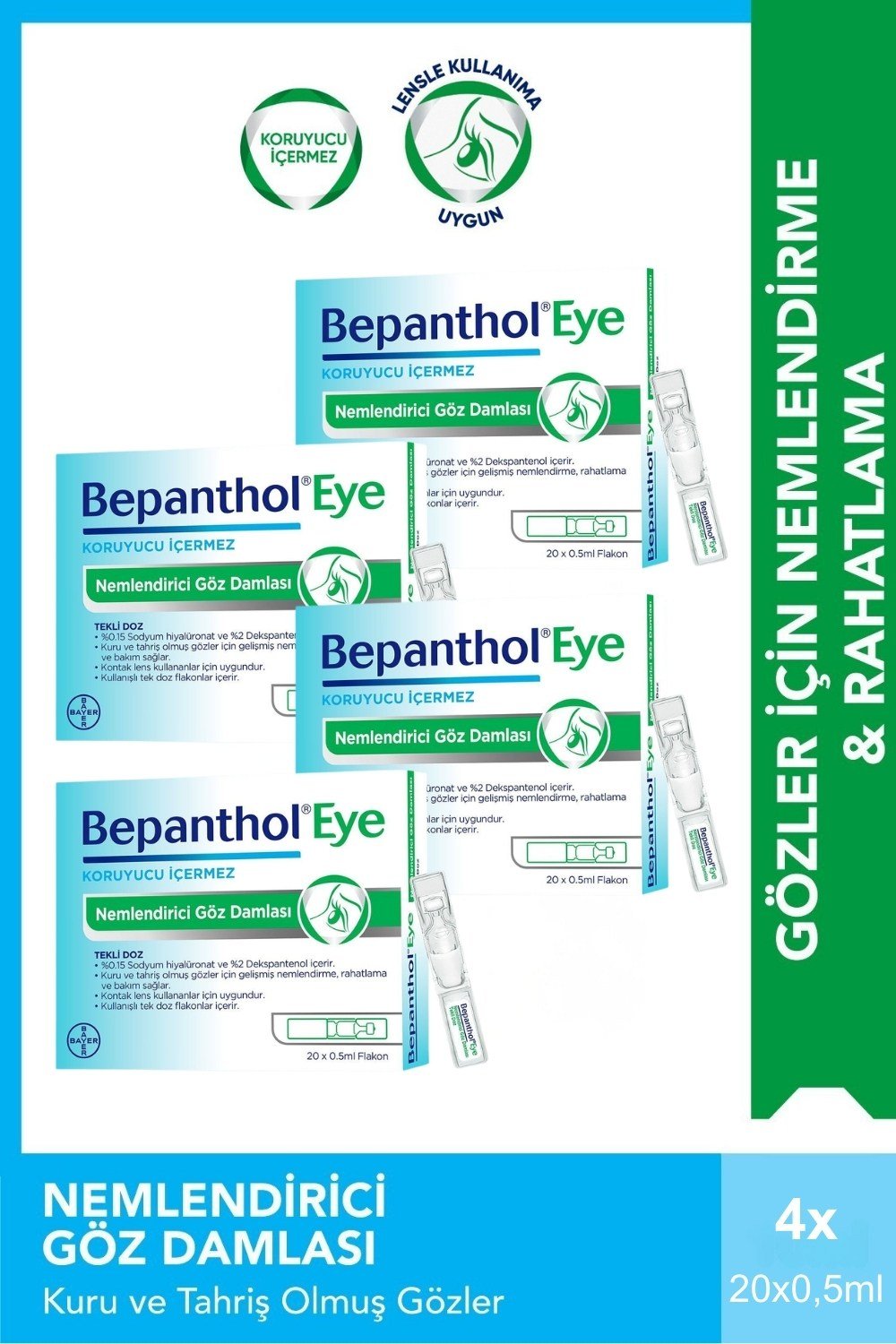 Bepanthol Eye Nemlendirici Göz Damlası 0.5ml x 20 Flakon x 4 Adet