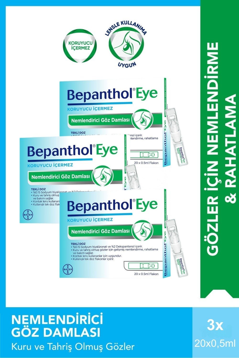 Bepanthol Eye Nemlendirici Göz Damlası 0.5ml x 20 Flakon x 3 Adet