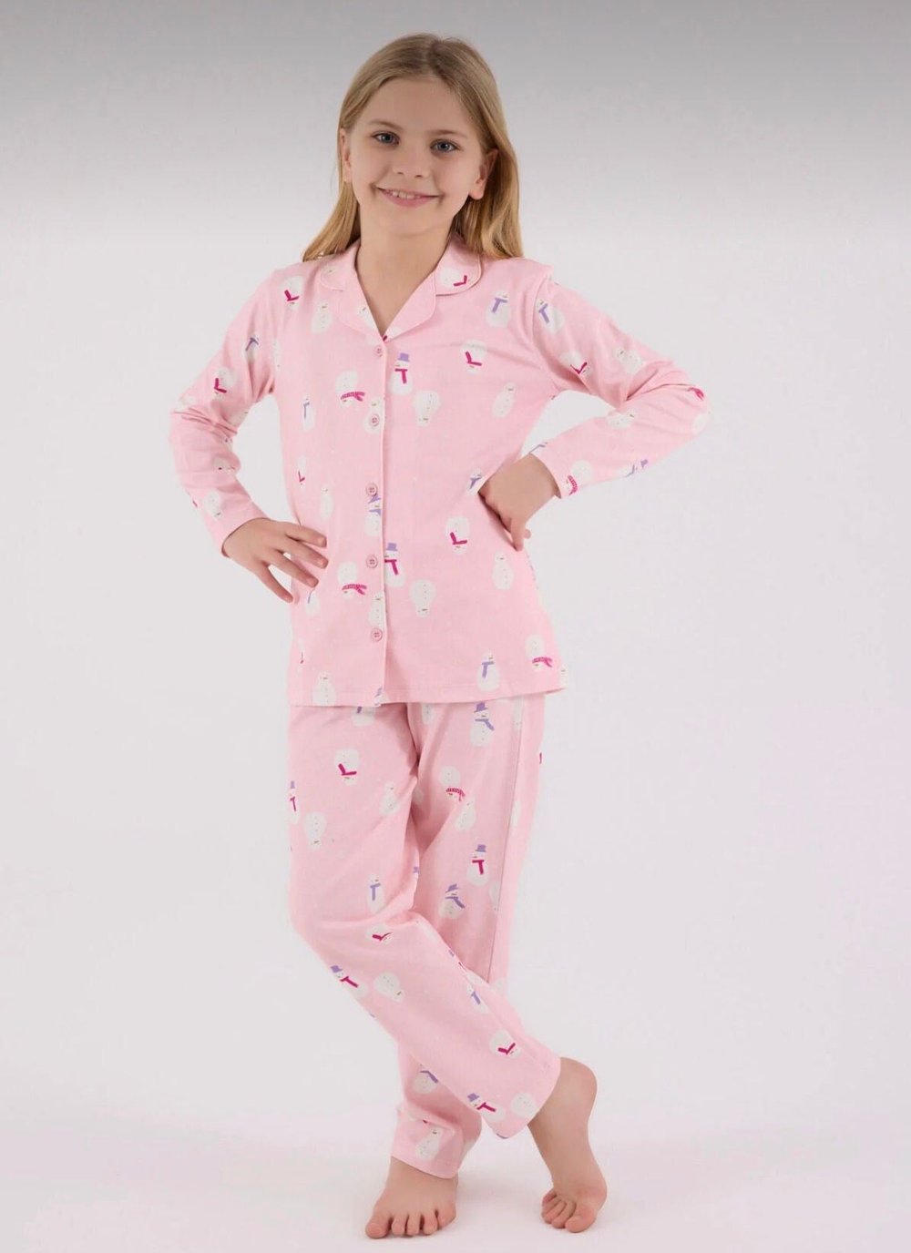 Kız Çocuk Kardan Adamlı Gömlek Pijama Takımı - Pembe