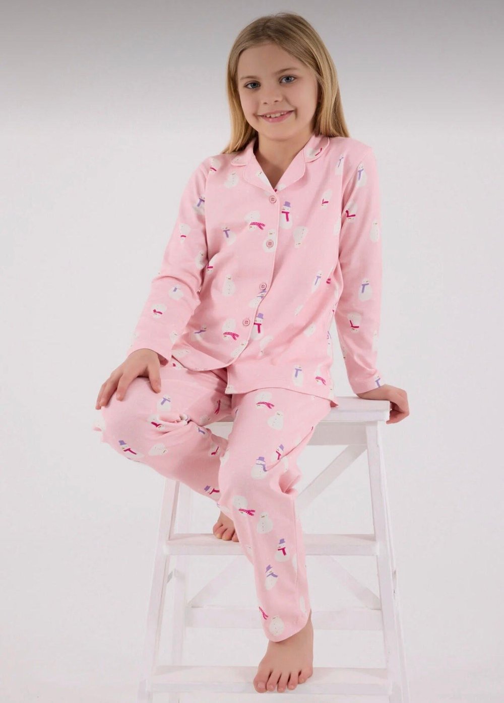 Kız Çocuk Kardan Adamlı Gömlek Pijama Takımı - Pembe