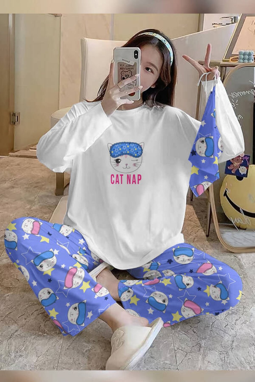 Bahd Cat44 CatNap White Süpersoft Kadın Pijama Takımı 3643