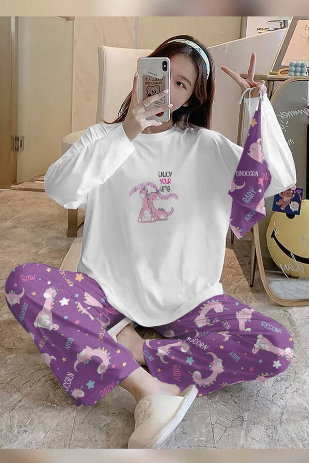 Bahd Dinosur5 White Süpersoft Kadın Pijama Takımı 3655