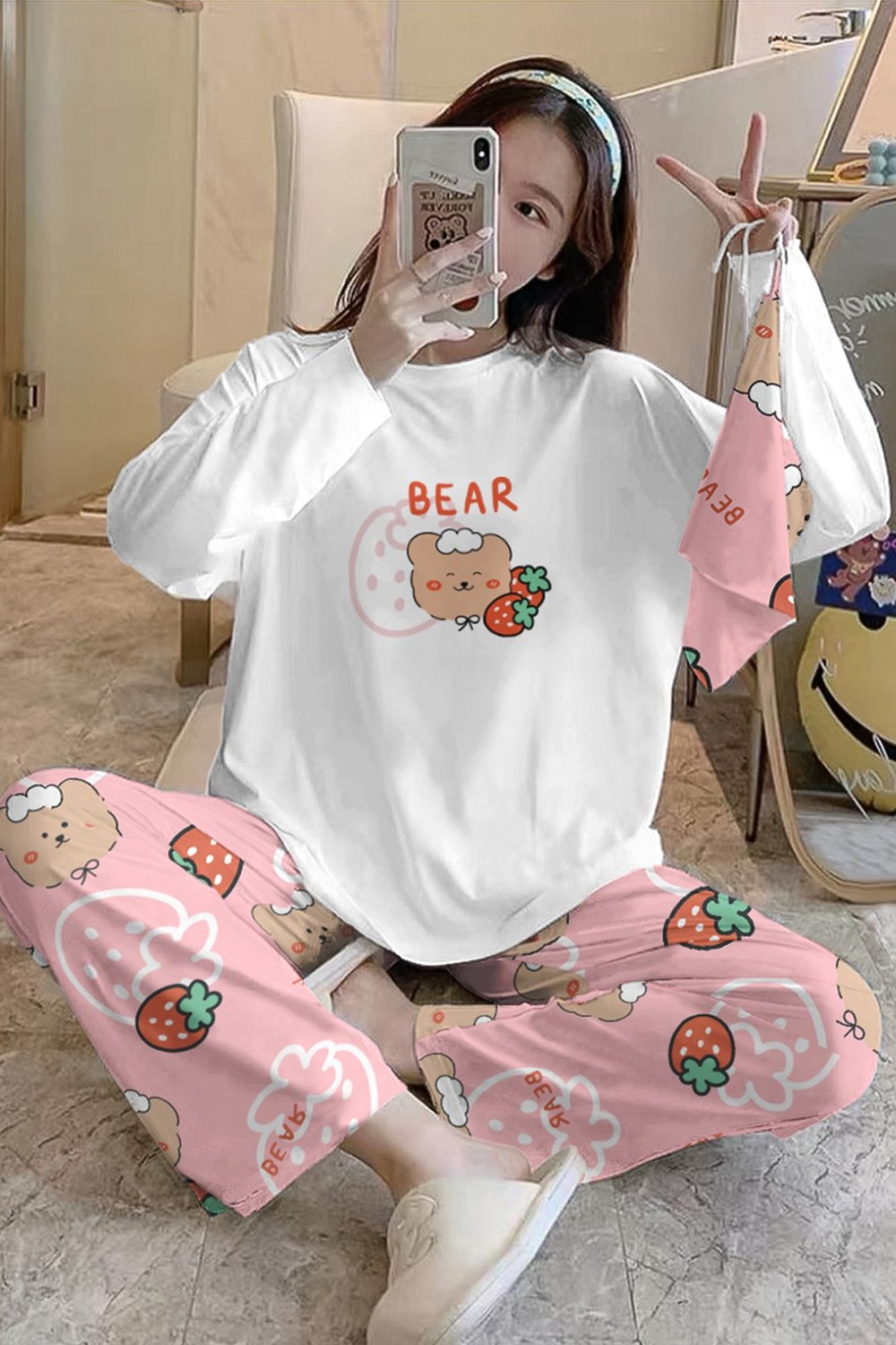Kiki Bahd Trend Sweatshirt Pantolon Strawberry Bear Baskılı Pijama Takımı