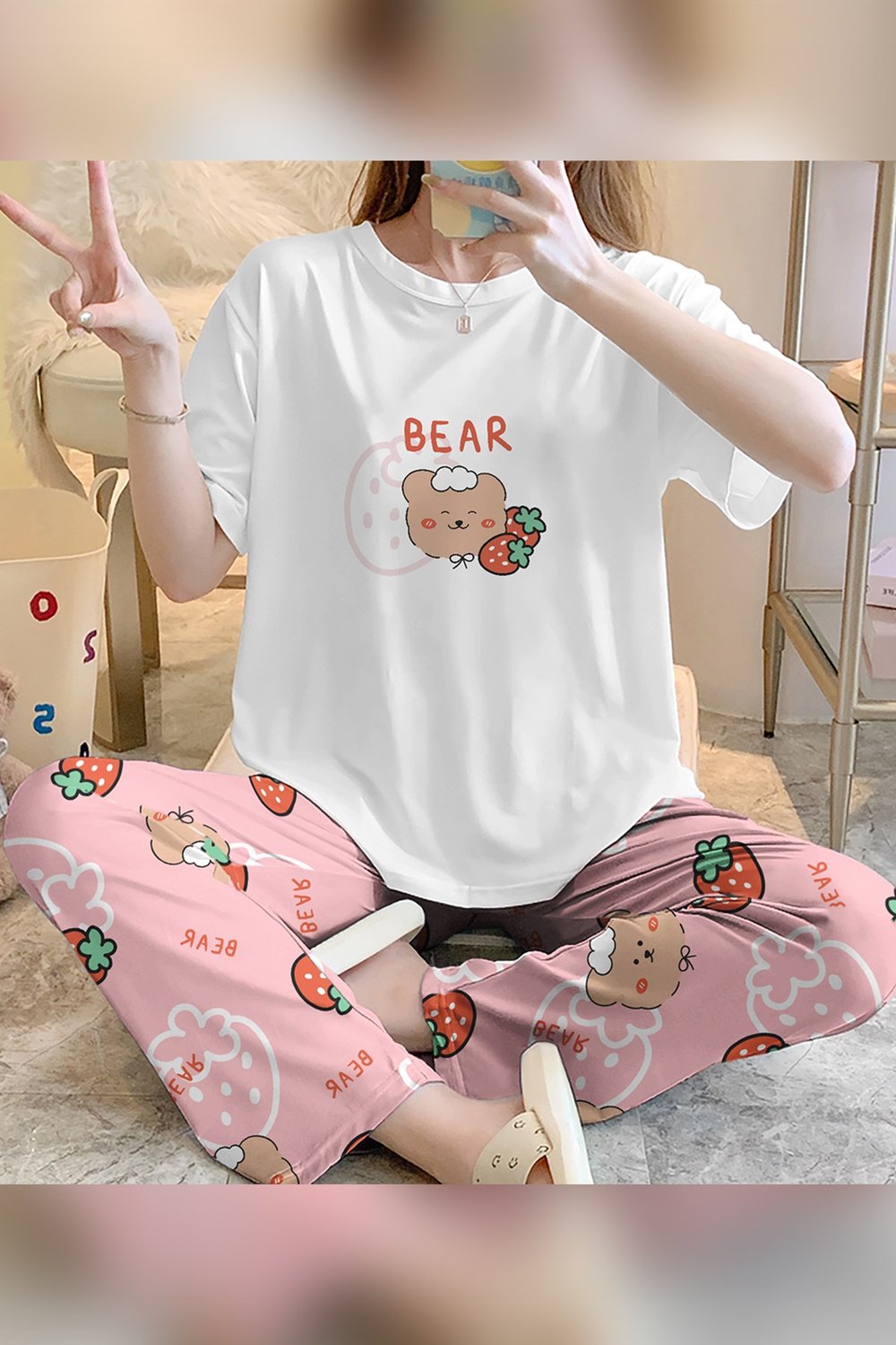 Kiki Zezeyle Trend T-Shirt Pantolon Strawberry Bear Baskılı Pijama Takımı