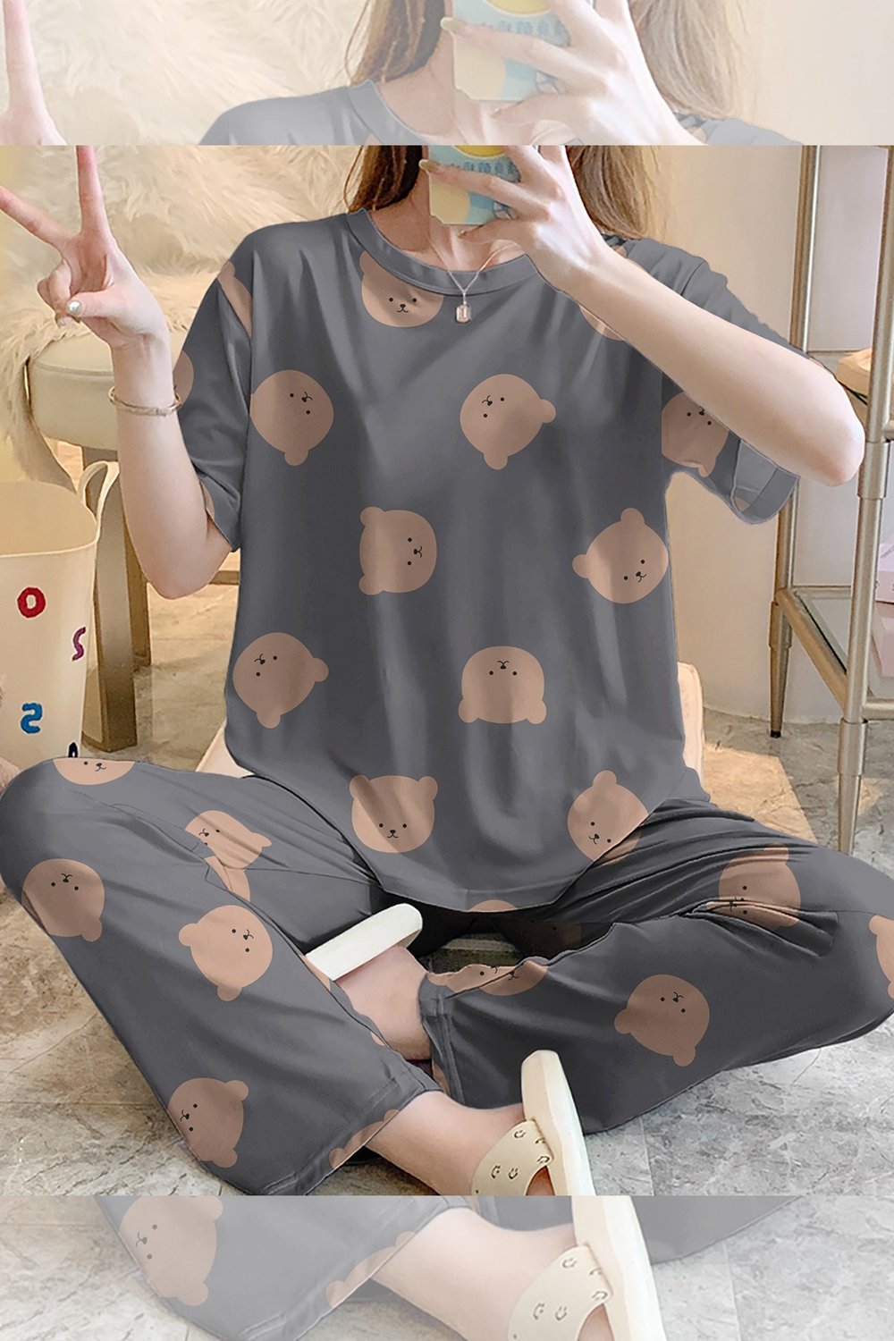 Kısa Kollu Pijama Takımı BearGri Supersoft Basic Süprem