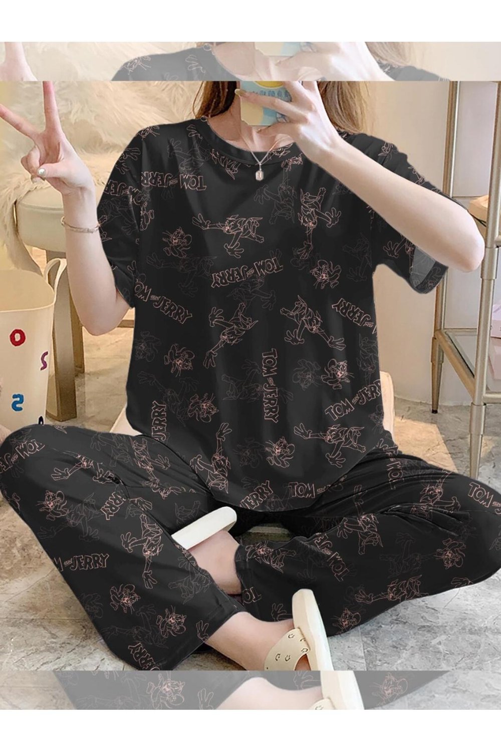 Kısa Kollu Pijama Takımı Tom And Jerry Black Supersoft Basic Süprem