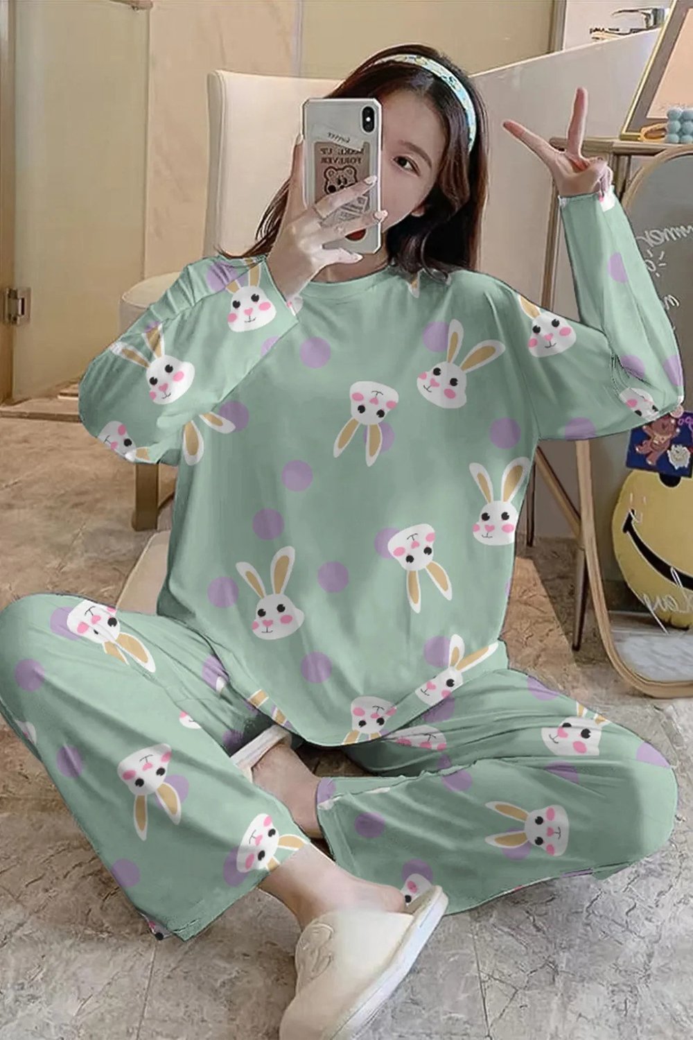 Uzun Kollu Pijama Takımı Yeşil Rabbit Süprem