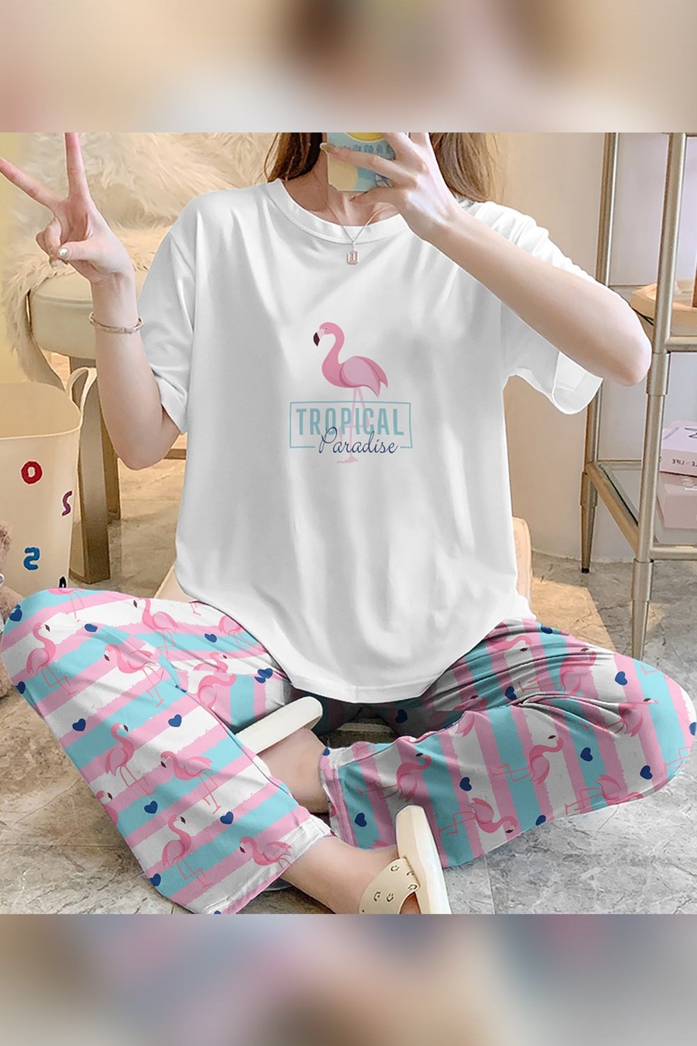 Zezecim Flamingo Süpersoft Kısa Kollu Pijama Takımı