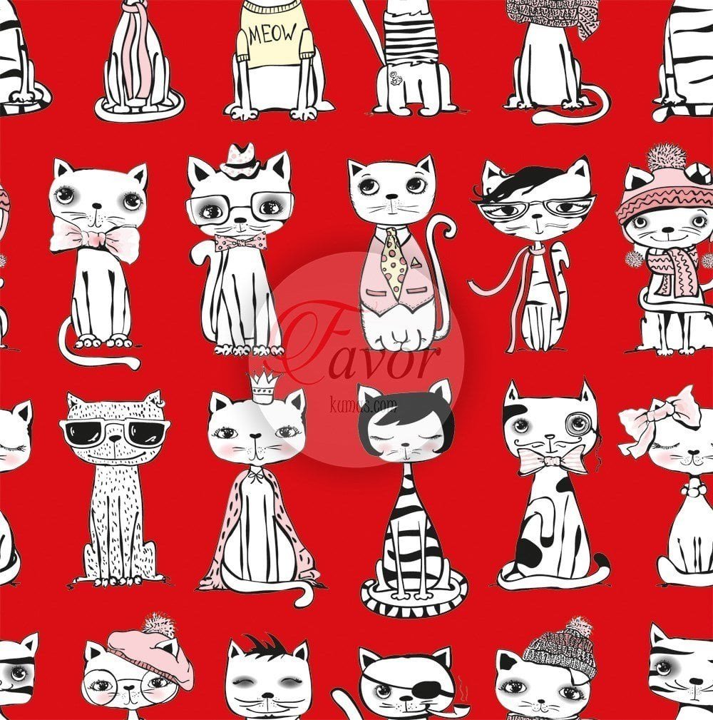 Kırmızı Zemin Kedi Desenli Kumaş 2