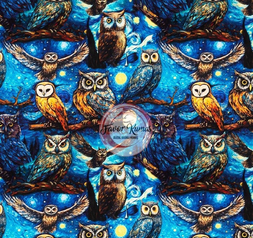 Yıldızlı Gece ve Baykuşları Desenli Kumaş