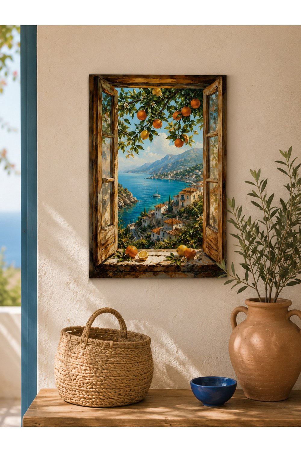 Pencere Deniz Manzaralı Ahşap Duvar Tablosu – Portakal Ağaçlı Akdeniz Mutfak Dekoru
