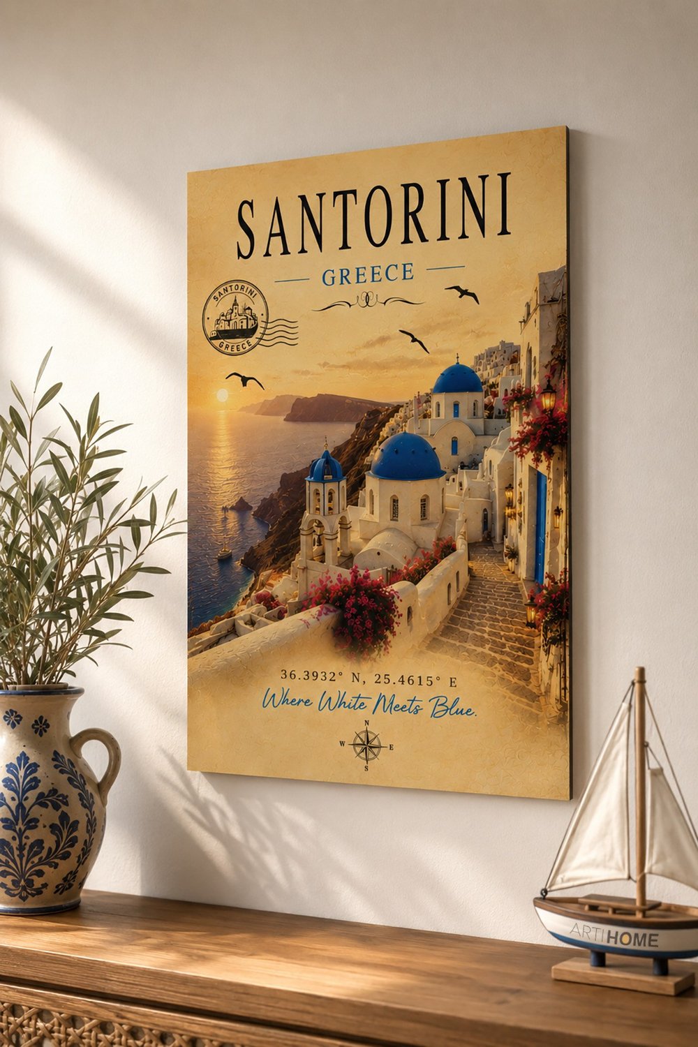 Santorini Ahşap Tablo – Vintage Seyahat Tablosu, Santorini Manzaralı Dekoratif Duvar Tablosu