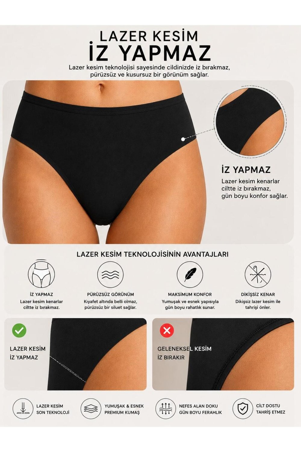 Kadın (Beli Lastikli) 6lı Dikişsiz Lazer Kesim Iz Yapmaz Likralı Bikini Slip Külot Premium Esnek ve Yumuşak