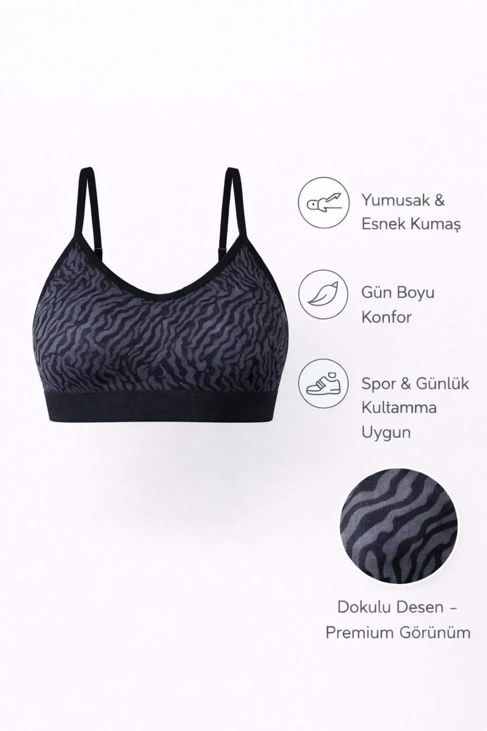 Kadın Siyah Zebra Desen Çapraz Ince Ip Askılı Destekli Spor Sütyeni