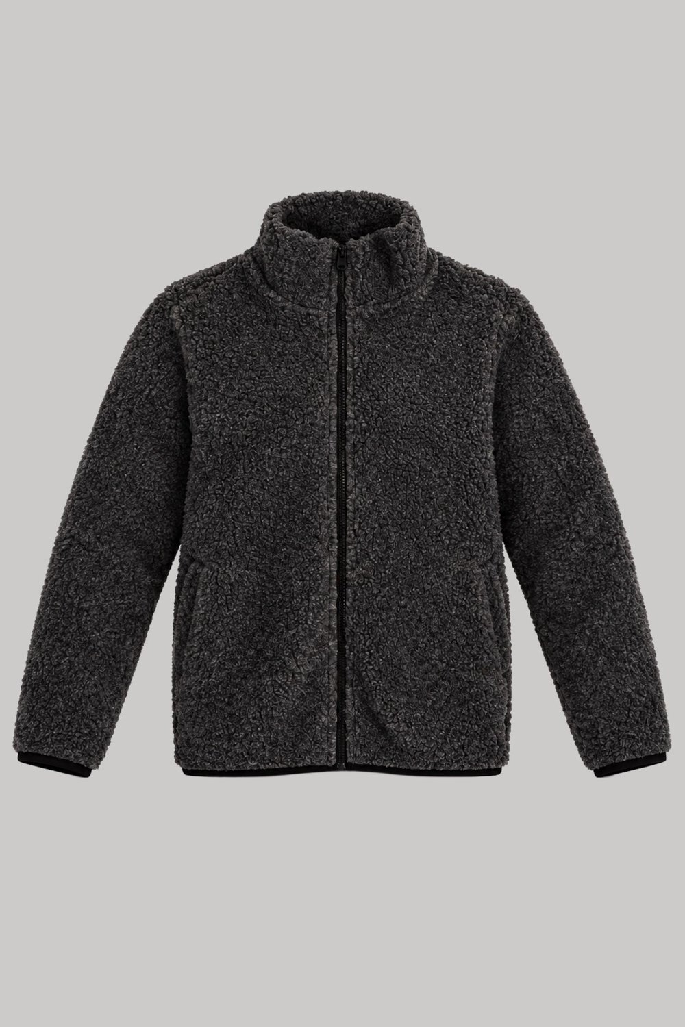 Çocuk Antrasit Düz Peluş Ceket – Dik Yaka, Fermuarlı, Cepsiz, Oversize