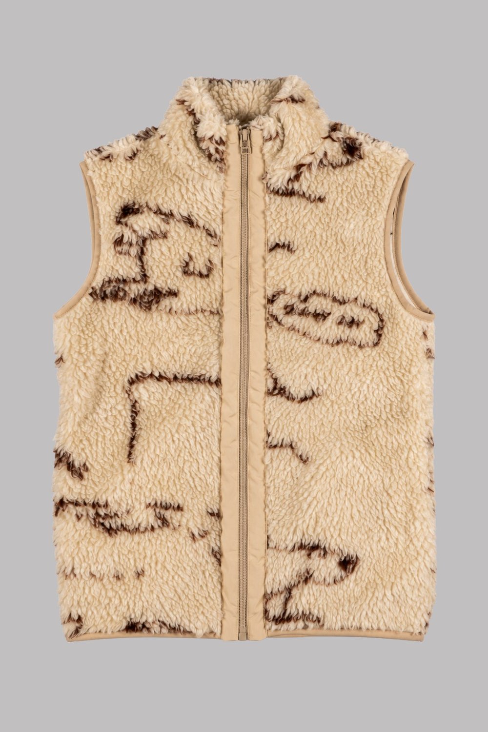 Çocuk Bej Kahverengi Soyut Desenli Peluş Yelek – Dik Yaka, Fermuarlı, Cepsiz, Oversize
