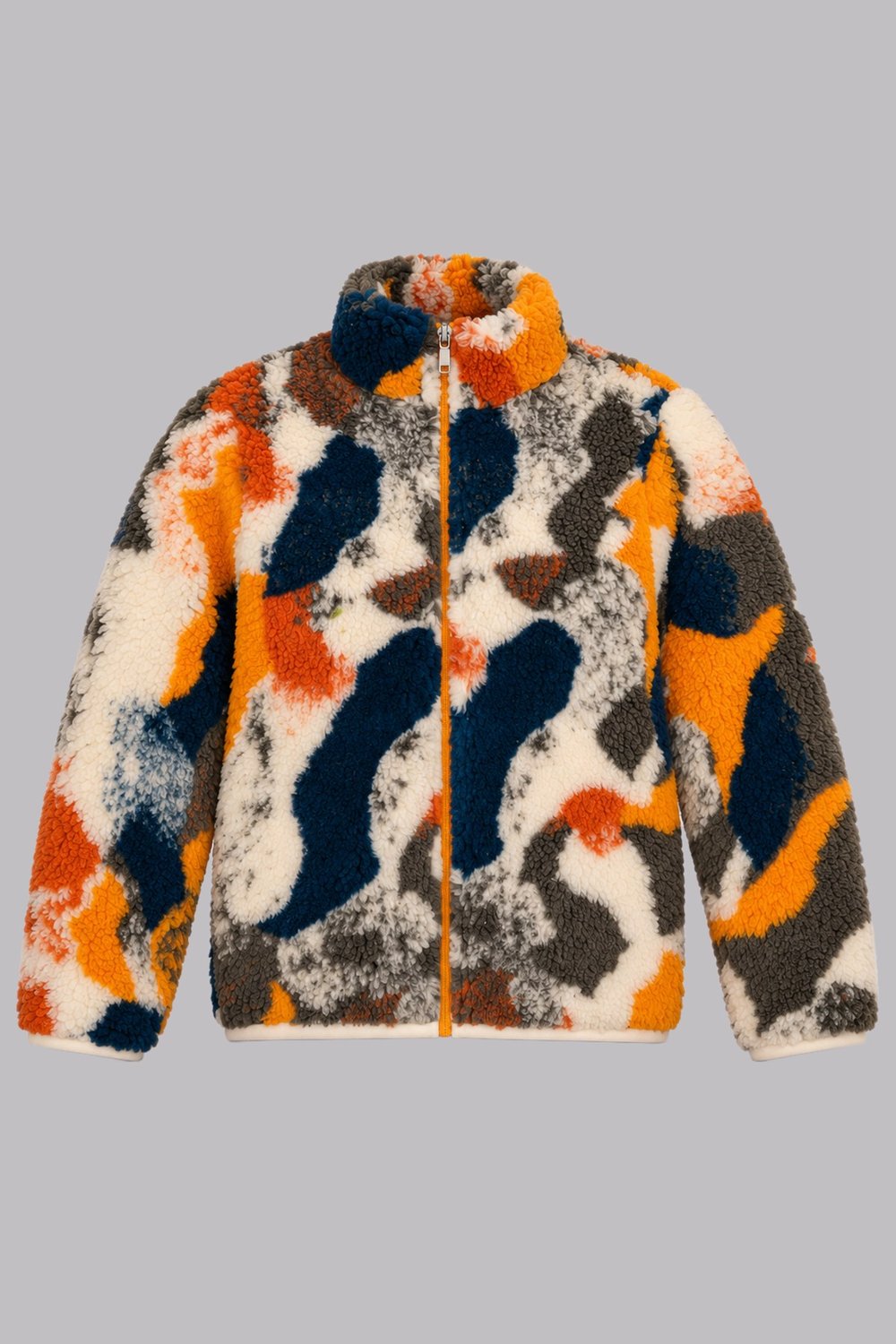 Çocuk Ekru Turuncu Soyut Desenli Peluş Ceket – Dik Yaka, Fermuarlı, Cepsiz, Oversize