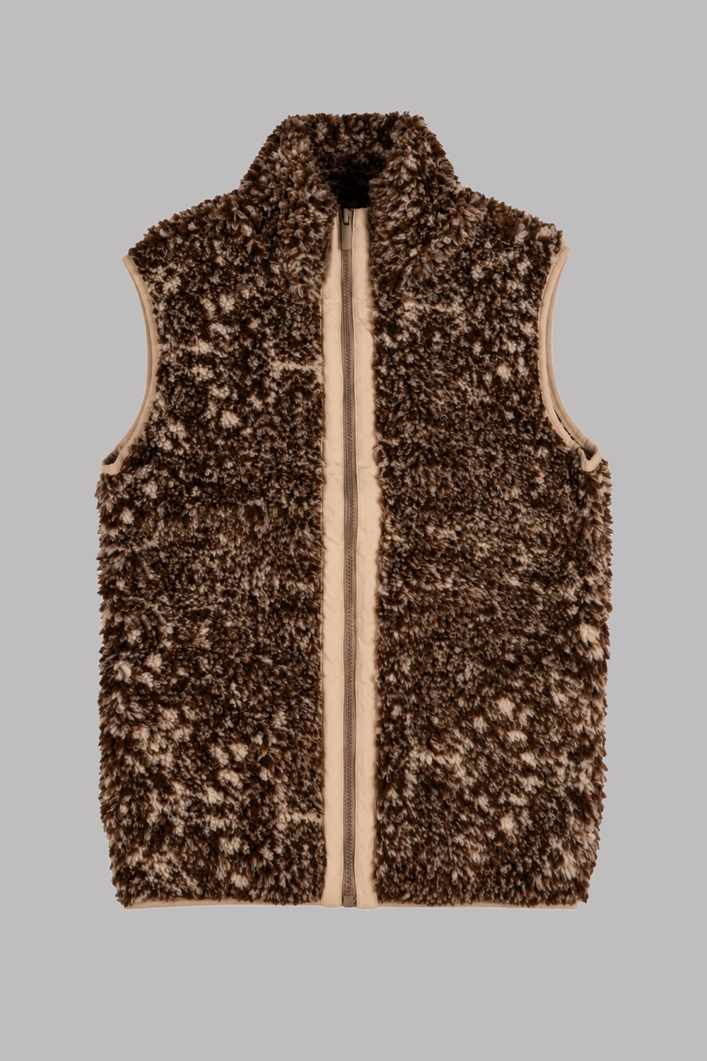 Çocuk Kahverengi Bej Melanj Desenli Peluş Yelek – Dik Yaka, Fermuarlı, Cepsiz, Oversize
