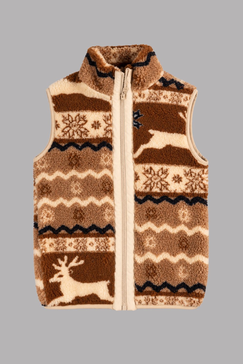 Çocuk Kahverengi Rengeyiği Desenli Peluş Yelek – Dik Yaka, Fermuarlı, Cepsiz, Oversize