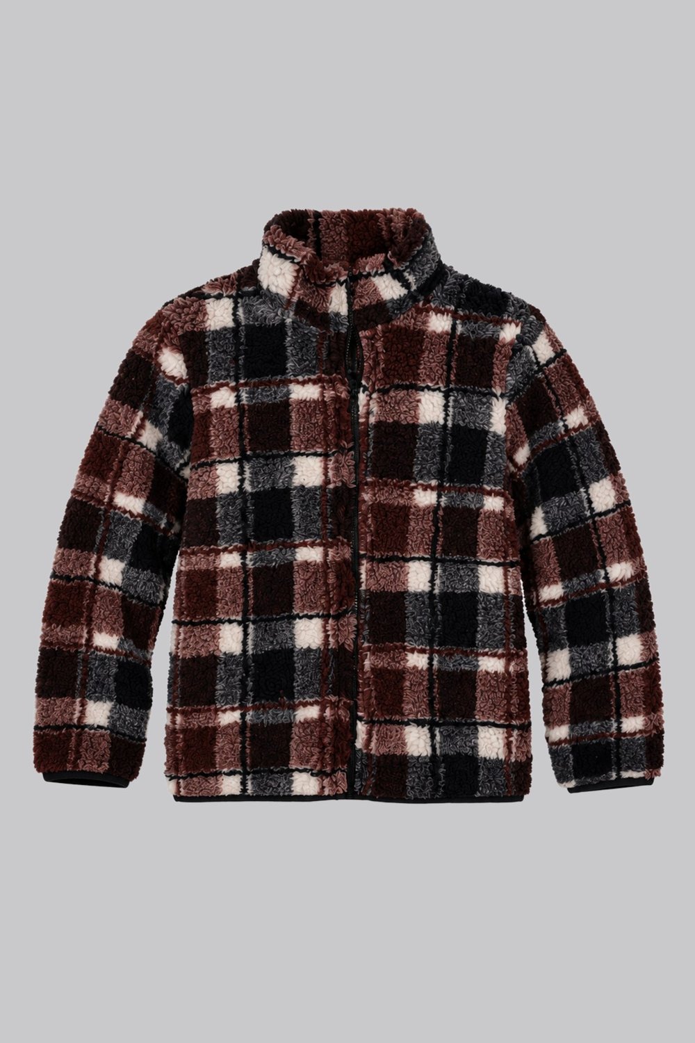Çocuk Kahverengi Siyah Ekose Desenli Peluş Ceket – Dik Yaka, Fermuarlı, Cepsiz, Oversize