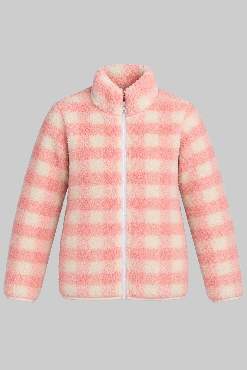 Çocuk Pembe Ekru Kareli Desenli Peluş Ceket – Dik Yaka, Fermuarlı, Cepsiz, Oversize
