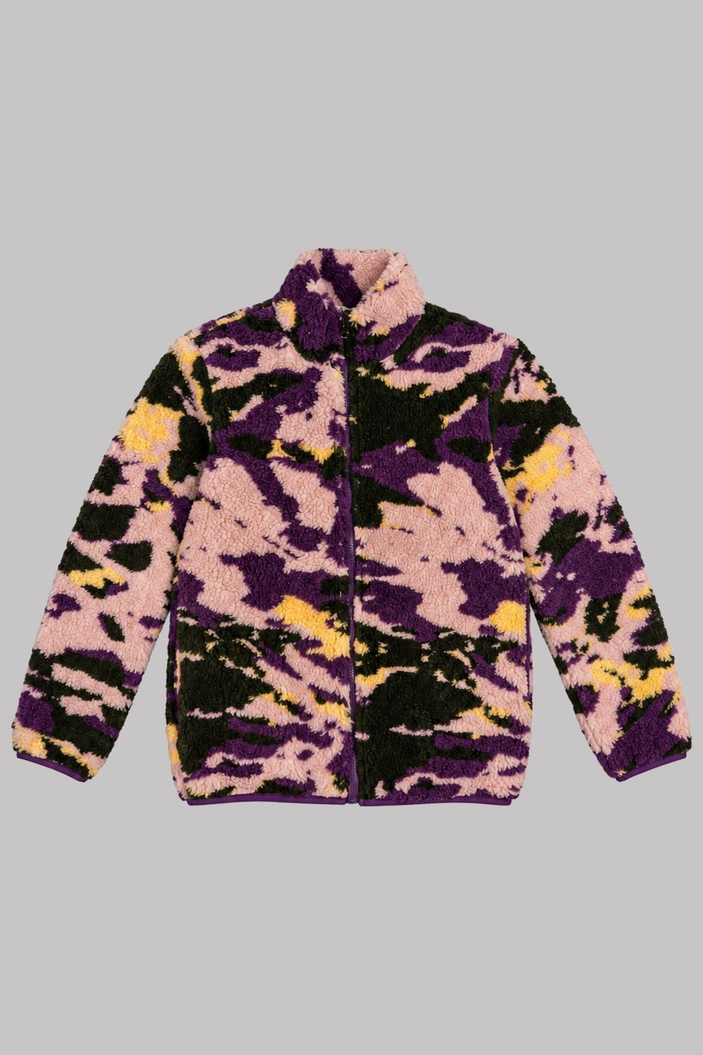 Çocuk Pembe Mor Soyut Desenli Peluş Ceket – Dik Yaka, Fermuarlı, Cepsiz, Oversize
