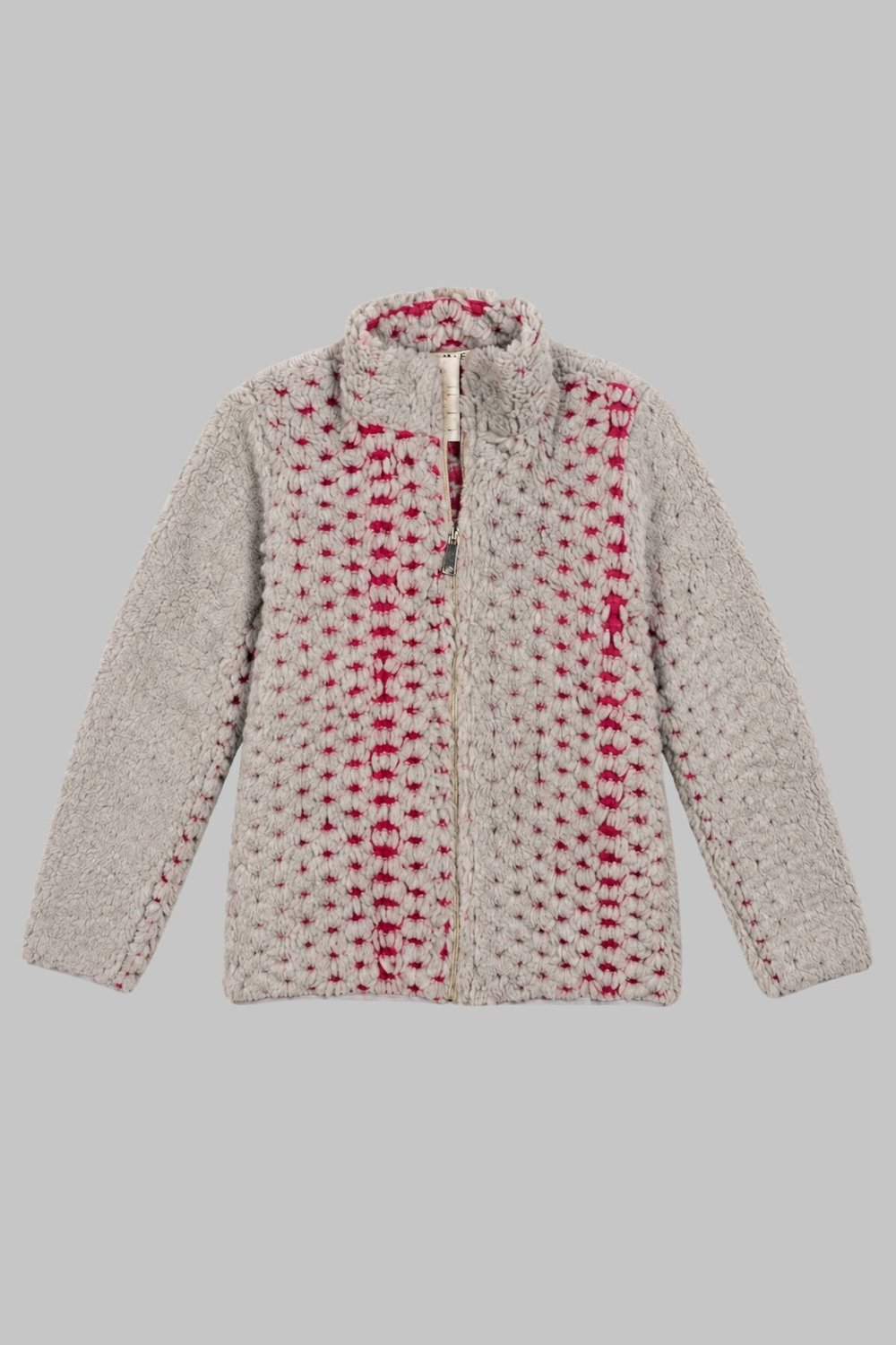 Çocuk Pembe Mor Soyut Desenli Peluş Ceket – Dik Yaka, Fermuarlı, Cepsiz, Oversize