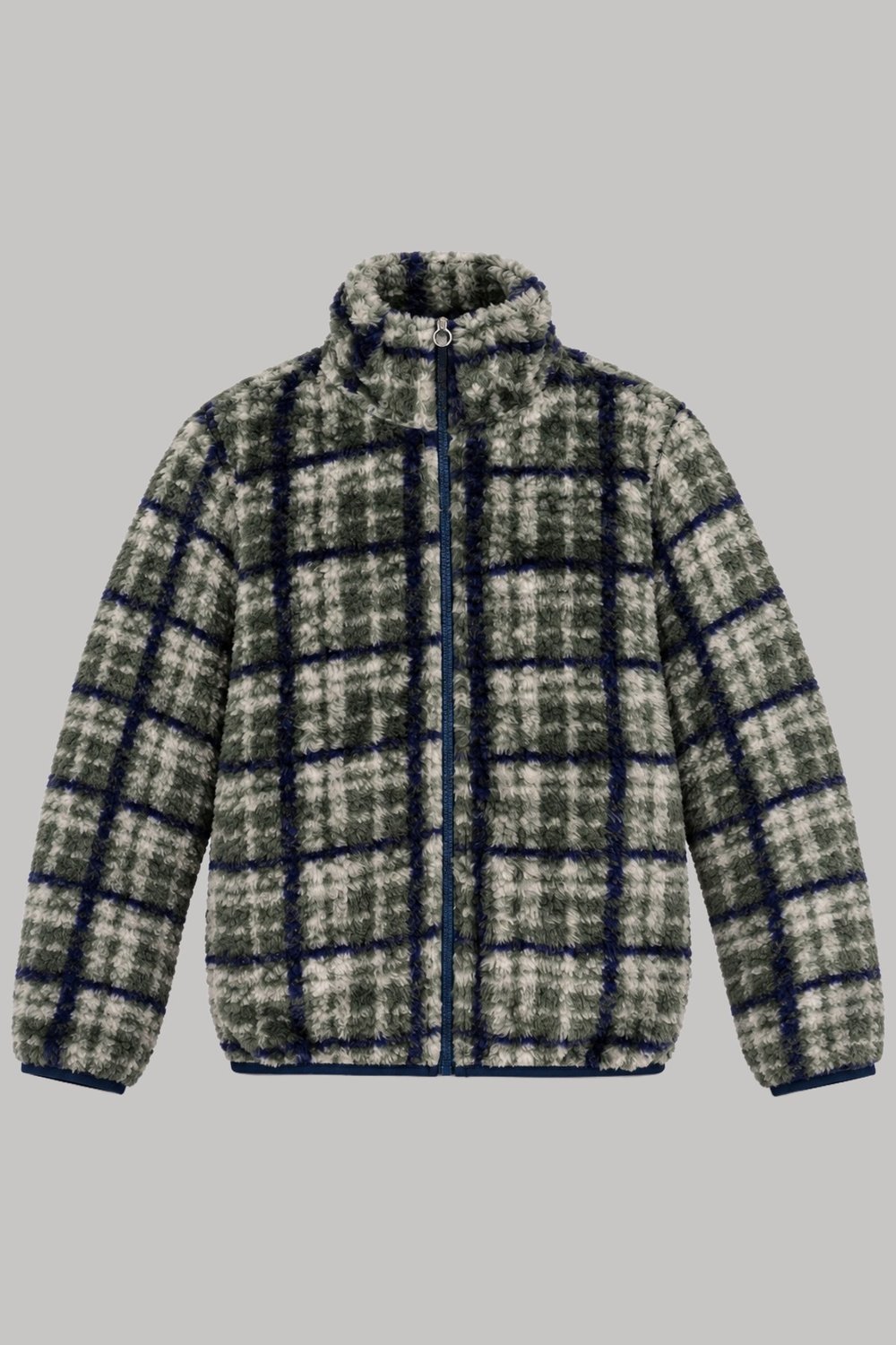 Çocuk Yeşil Gri Pencere Ekose Desenli Peluş Ceket – Dik Yaka, Fermuarlı, Cepsiz, Oversize