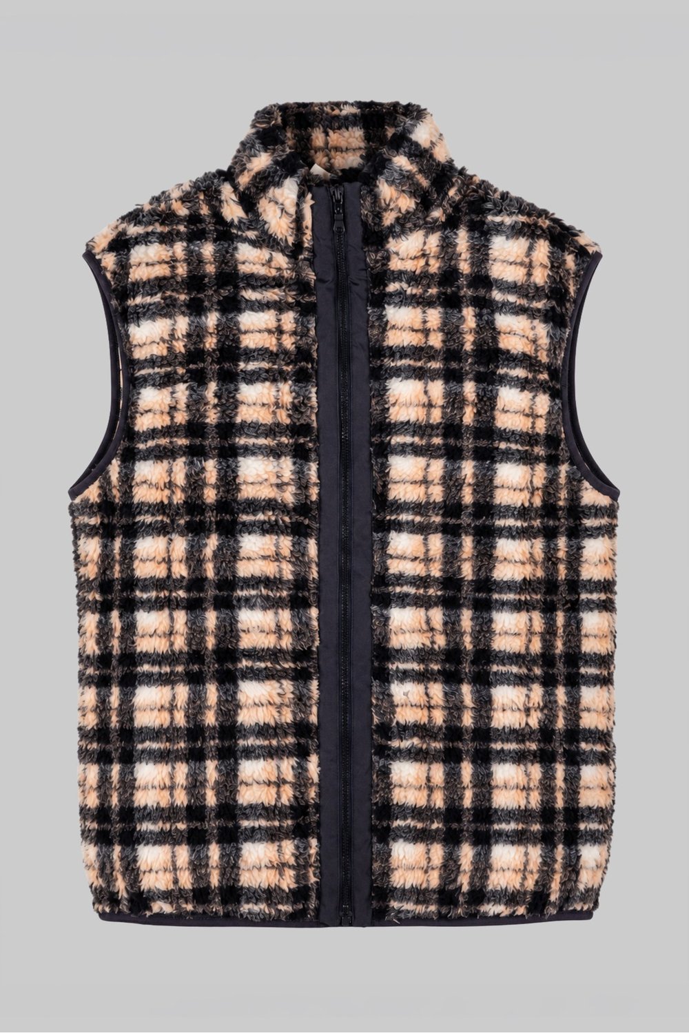 Unisex Siyah Bej Ekru Ekose Desenli Peluş Yelek – Dik Yaka, Fermuarlı, Kolsuz, Oversize