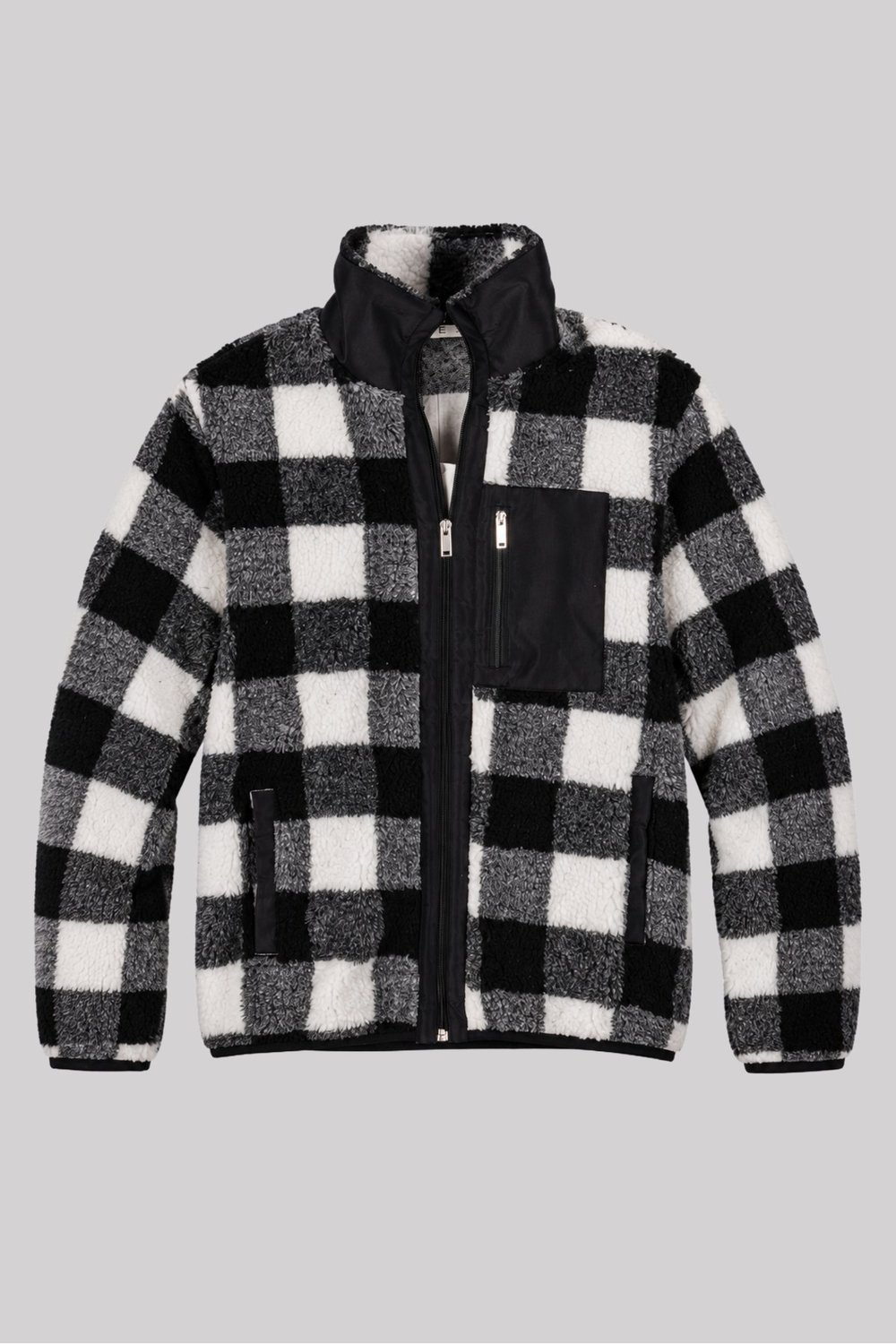Unisex Siyah Beyaz Kareli Peluş Ceket – Dik Yaka, Fermuarlı, Cepli
