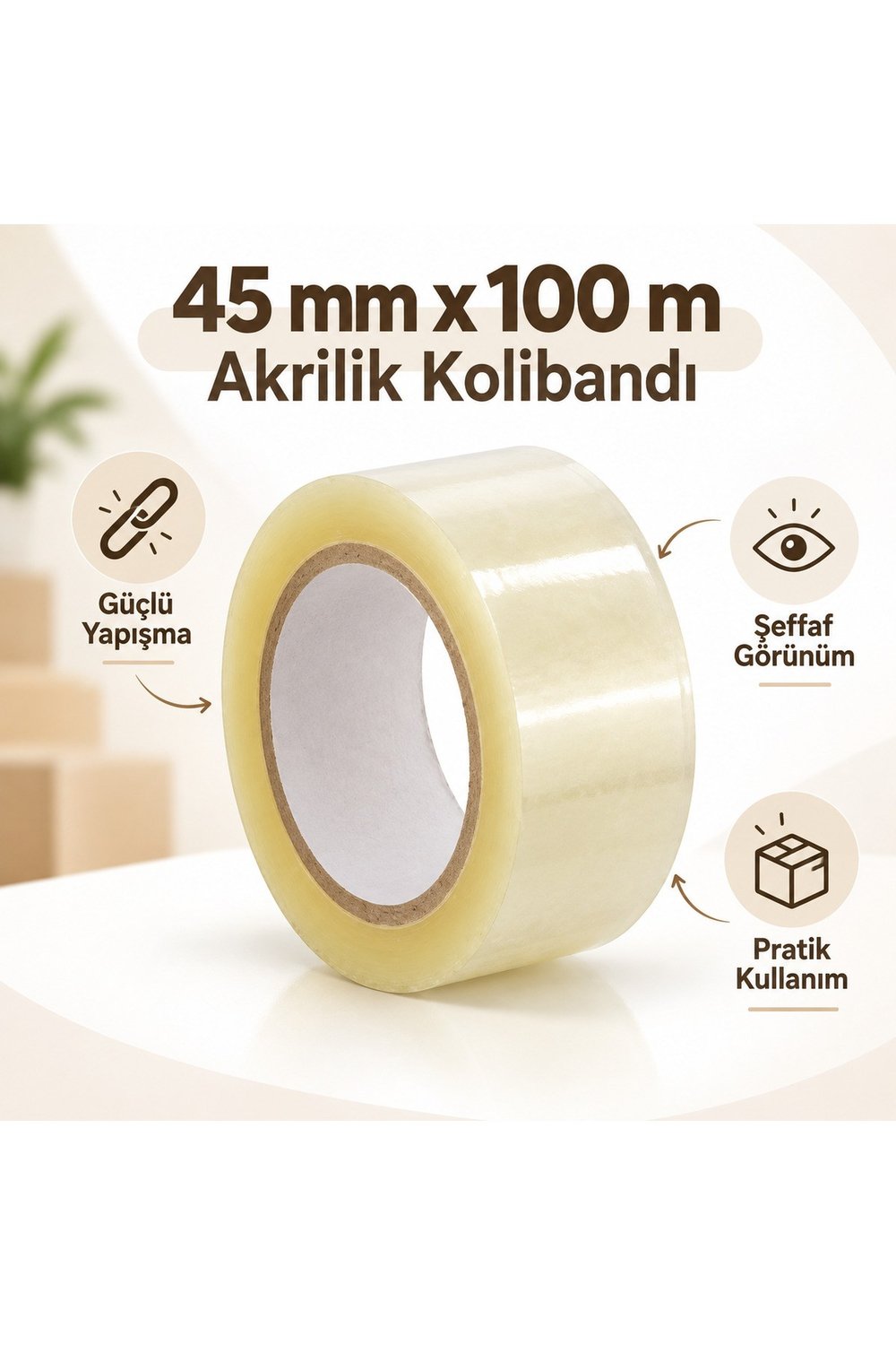45 mm x 100 m şeffaf akrilik kolibandı 10'lu