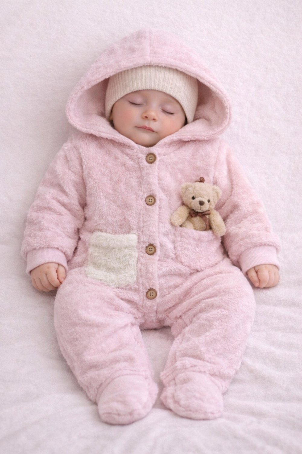 ayıcık figürlü Kapişonlu Polar Bebe Tulumu