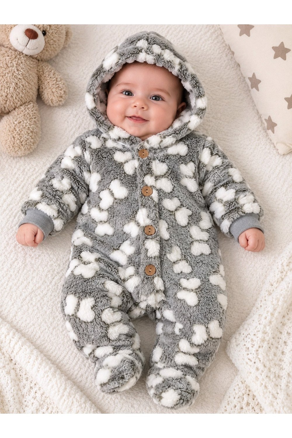 Kelebek Desenli Kapişonlu Polar Bebe Tulumu
