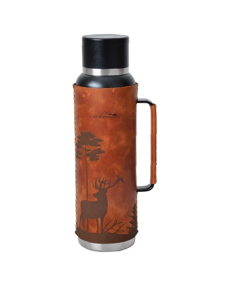 CAMPOUT ÇİFT KATMANLI TERMOS 1500 ML DERİ KAPLI SİYAH