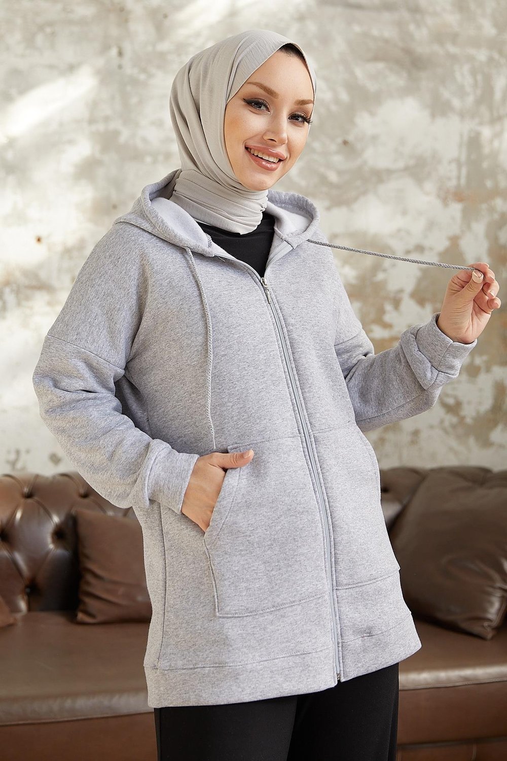 Alena Cepli Fermuarlı Polarlı Gri Sweatshirt