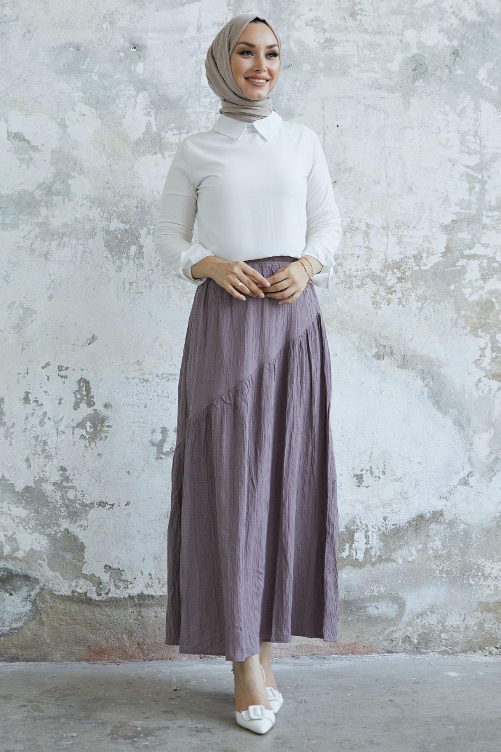 Arina Biye Detay Gofre Etek - Soft Kahve