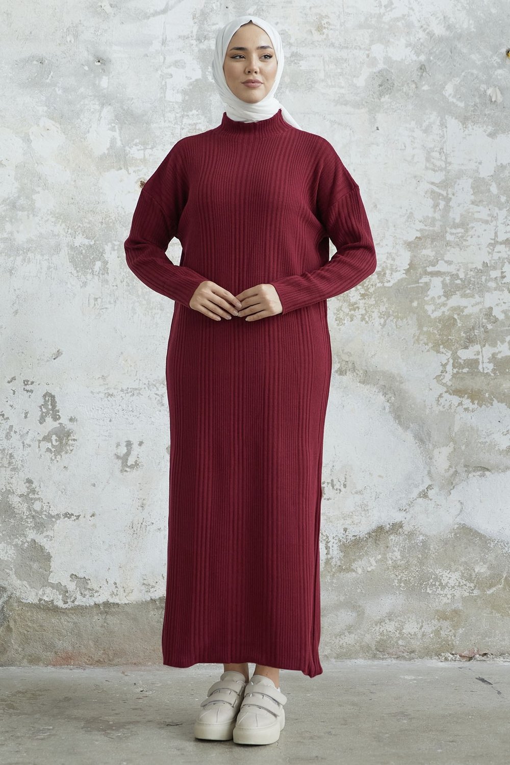 Arissa Balıkçı Yaka Uzun Triko Elbise - Bordo