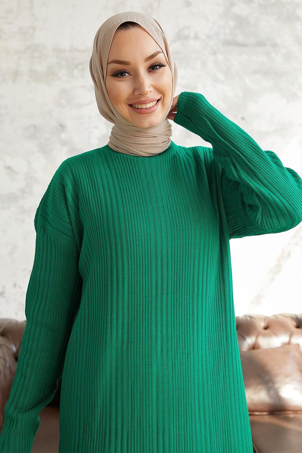 Arissa Balıkçı Yaka Uzun Triko Elbise - Yeşil