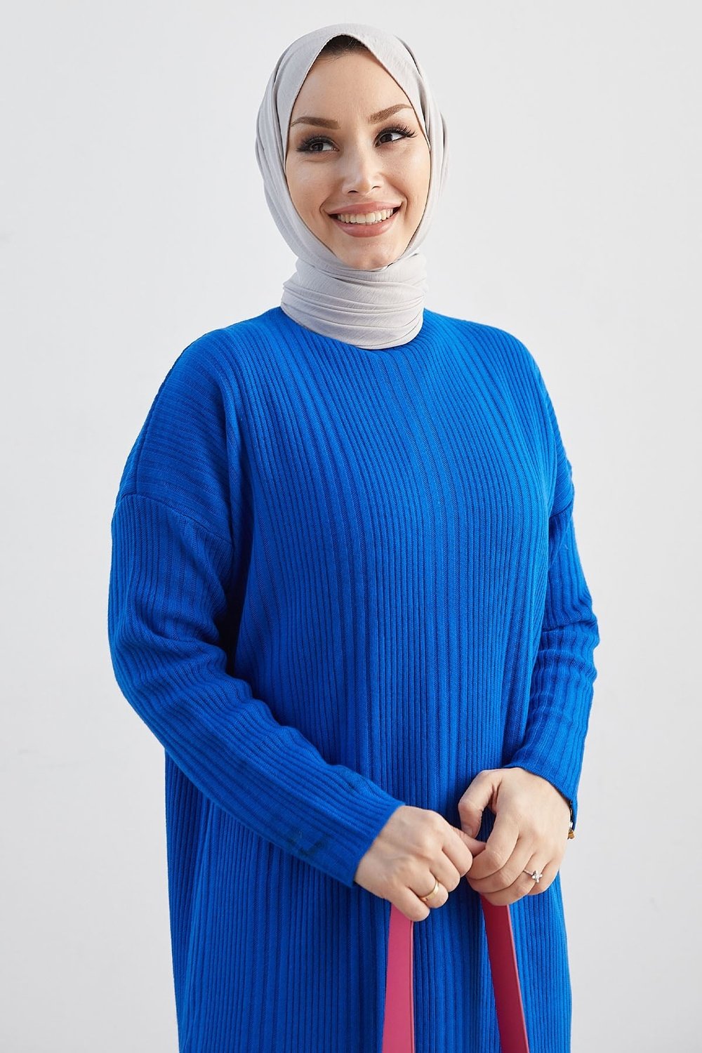 Arissa Balıkçı Yaka Uzun Triko Elbise - Saks Mavisi