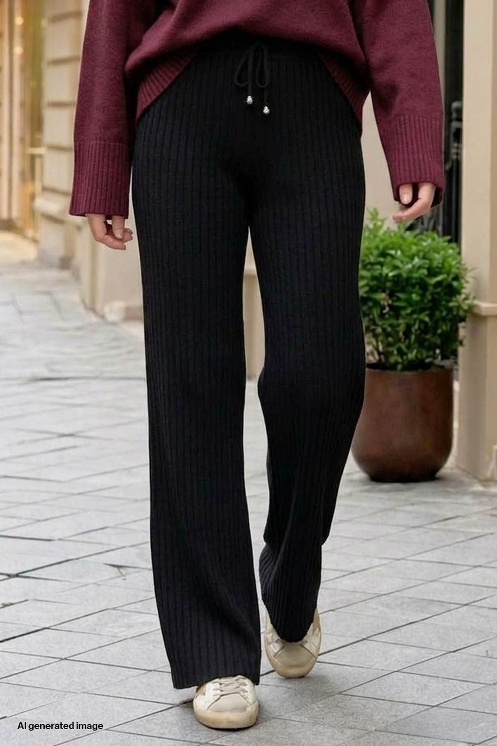 Drawstring Ribbed Black Knit Pants