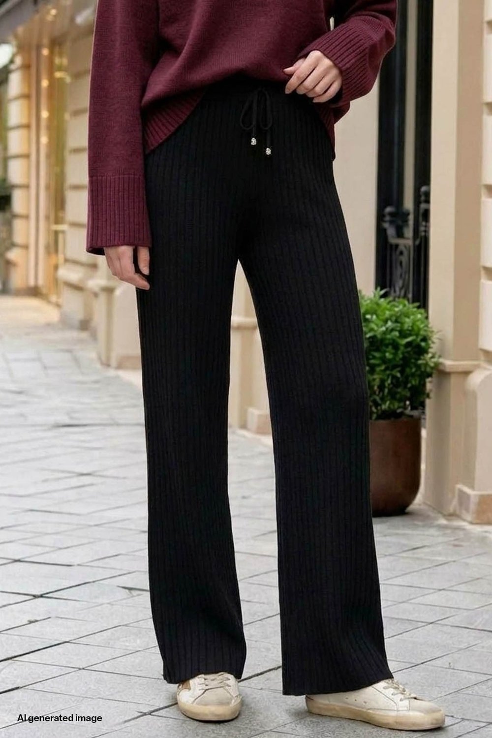 Drawstring Ribbed Black Knit Pants