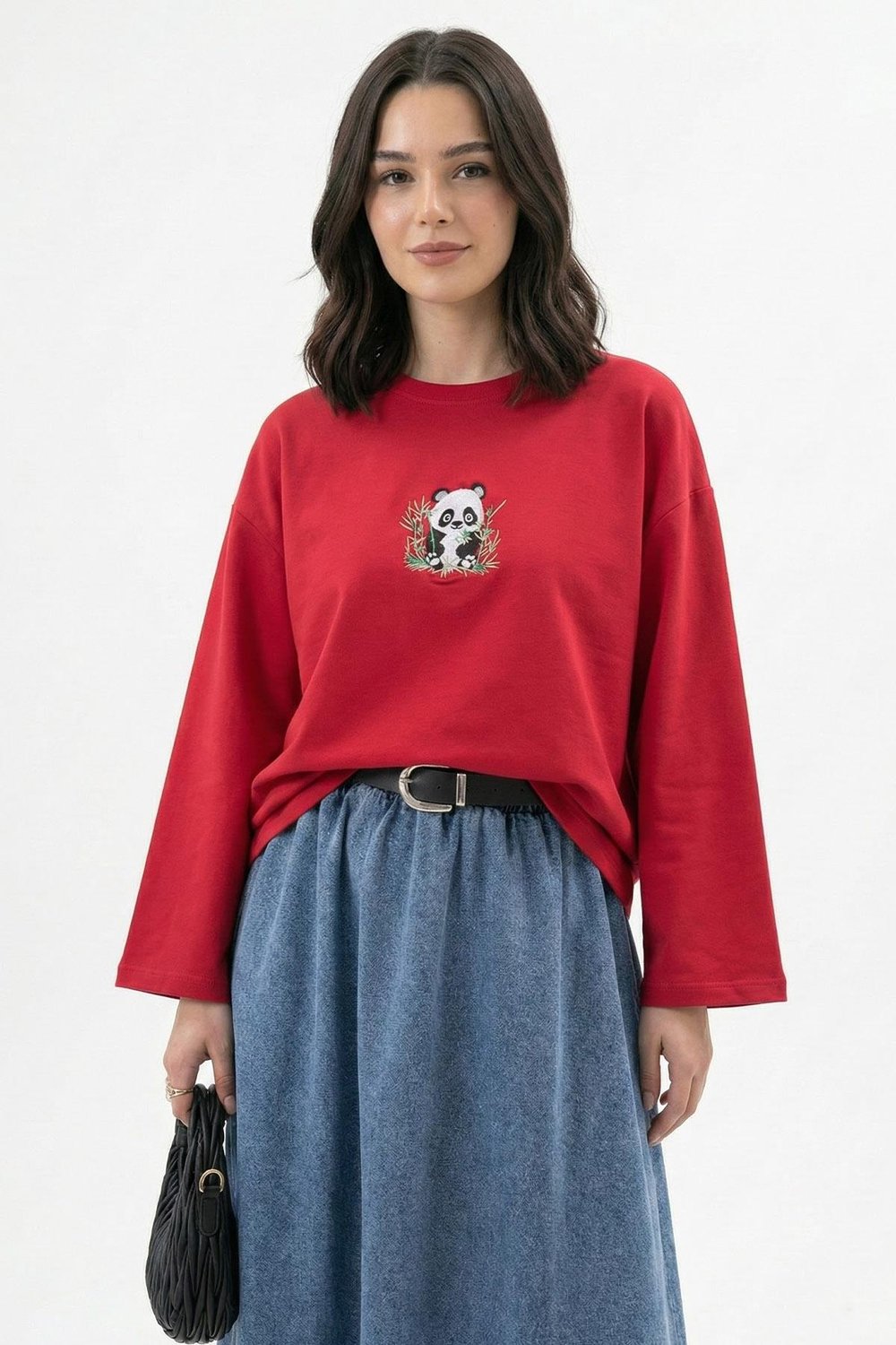 Bambu Panda Nakışlı Oversize Kırmızı Sweat