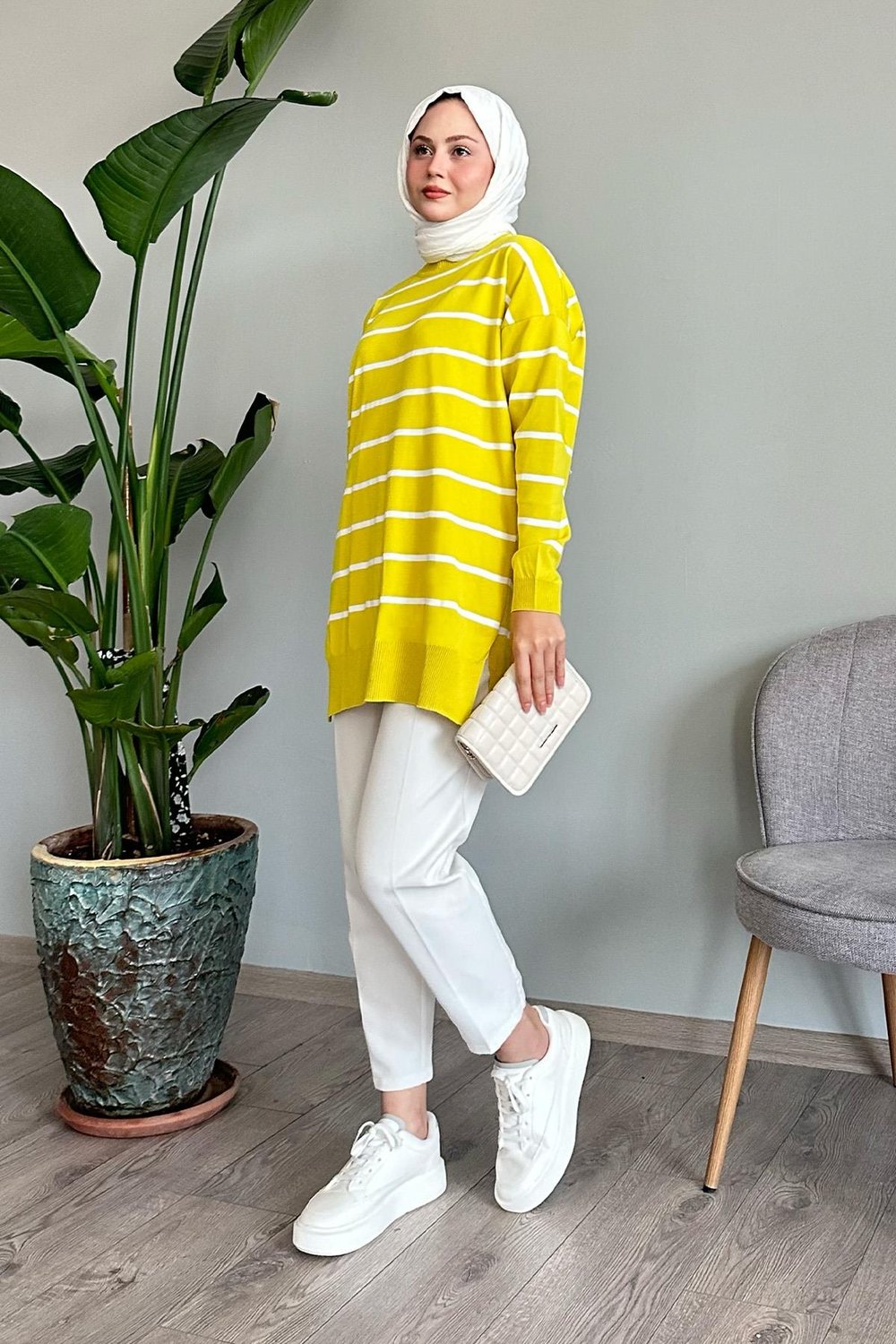 Basic Çizgili Limon Yeşili Triko Tunik