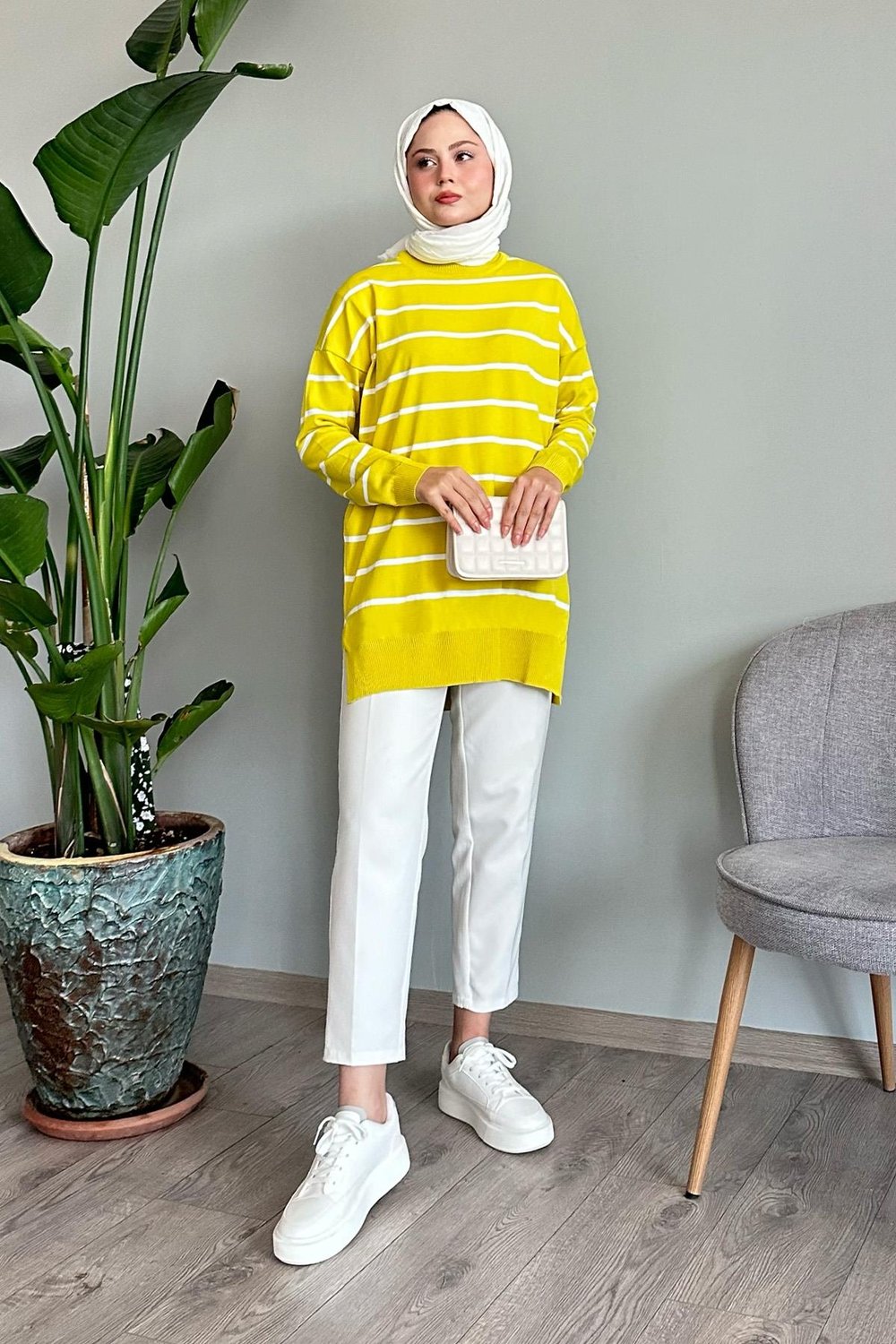 Basic Çizgili Limon Yeşili Triko Tunik