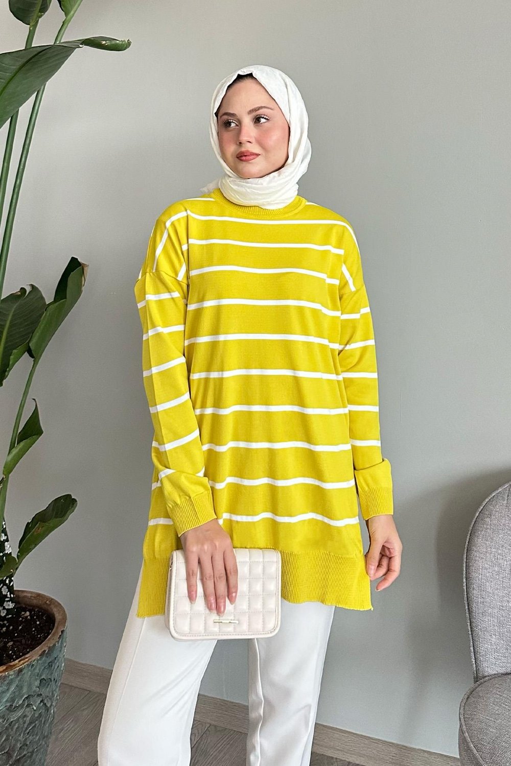 Basic Çizgili Limon Yeşili Triko Tunik