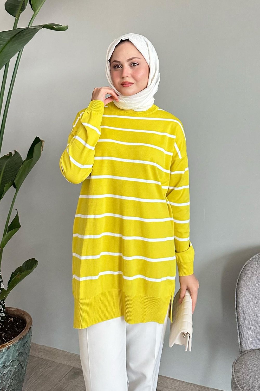 Basic Çizgili Limon Yeşili Triko Tunik