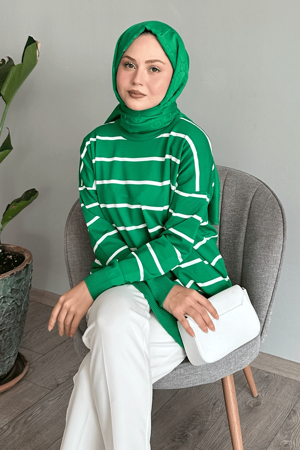 Basic Çizgili Yeşil Triko Tunik