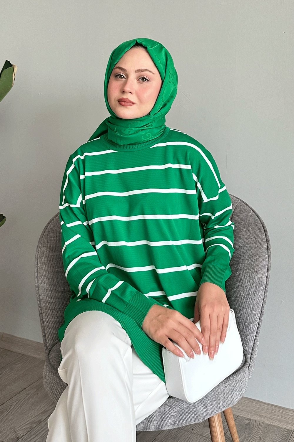 Basic Çizgili Yeşil Triko Tunik